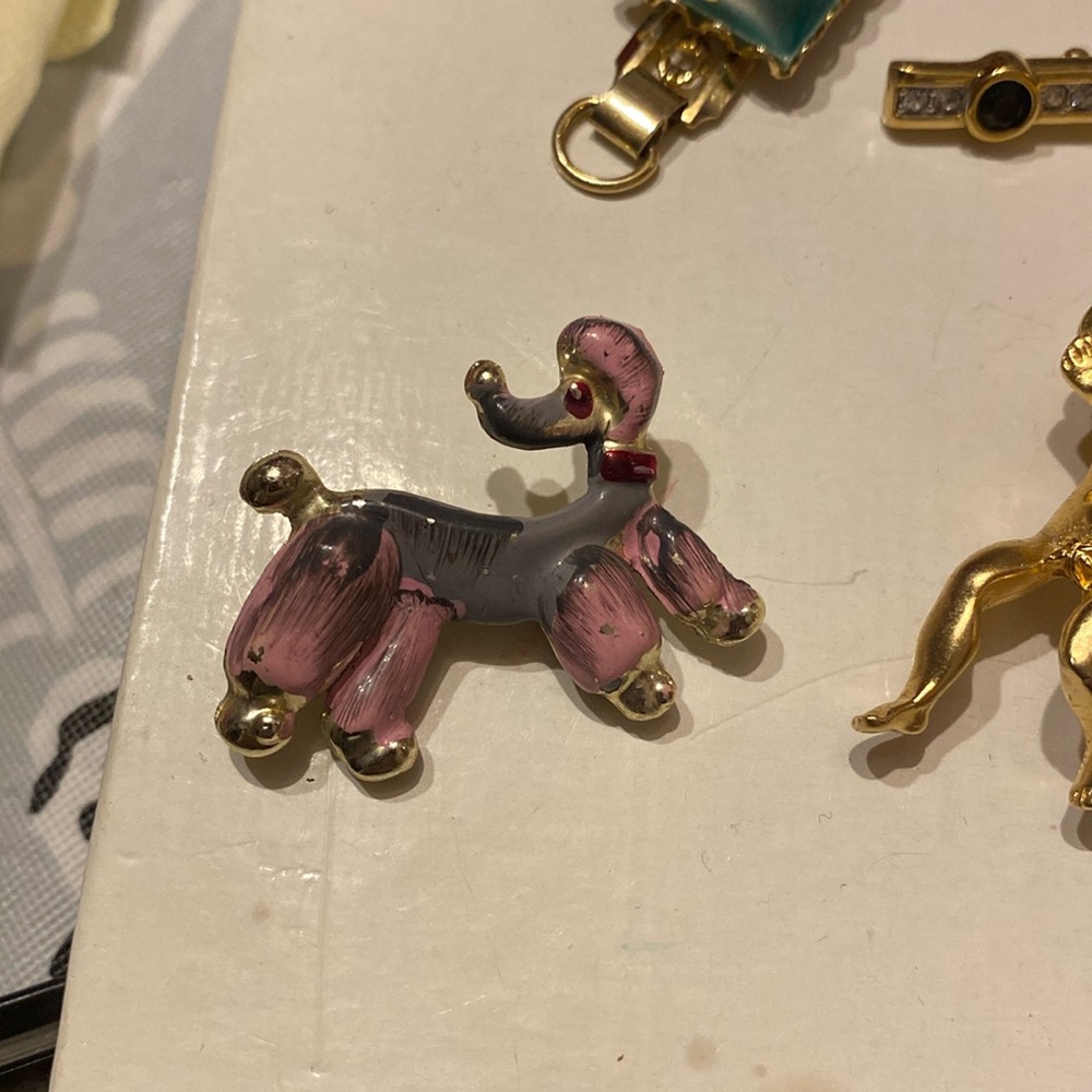 Poodle pin brooch pink and grey enamel 1.5” x 1 1/8” silver tone cute vintage